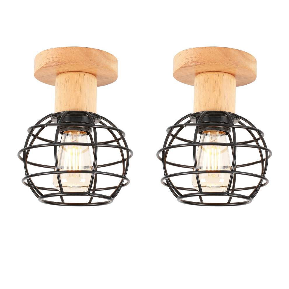 2X-Lampe De Plafond Rétro E27 En Fer Et Bois Luminaire Plafonnier À Cage Ronde Plafonnier Moderne Pour Entrée, Couloir, Cuisine, Noir