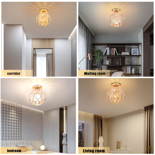 Modern Ceiling Light Creative Ceiling Lamp Metal Crystal Lampshade E27 Indoor Retro Ceiling Light (Gold) 2