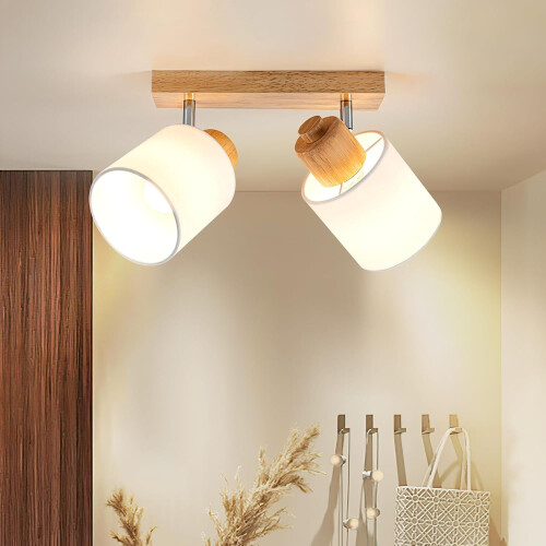 Modern Ceiling Lamp 2 Adjustable Spotlights, Wooden Ceiling Light Retro Ceiling Lamp Indoor Wall Light