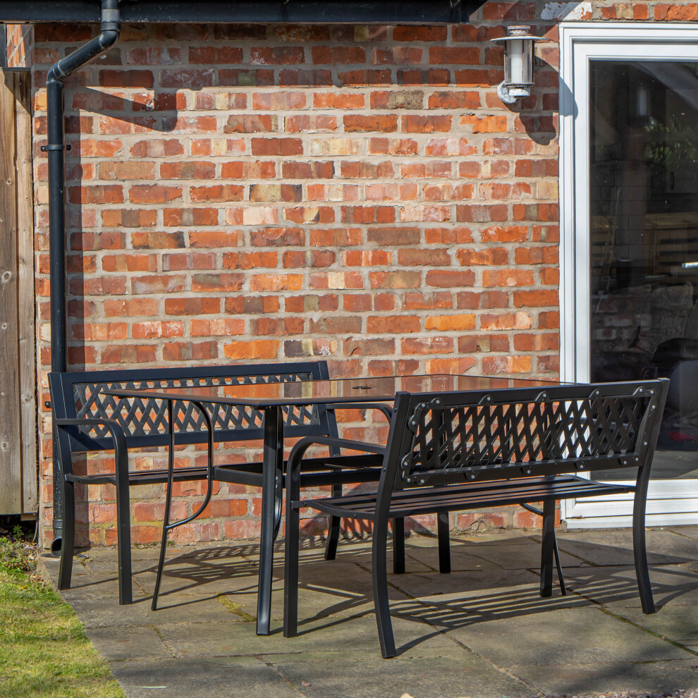 4 Person Rectangular Glass Top Garden Dining Table and 2 Benches Set