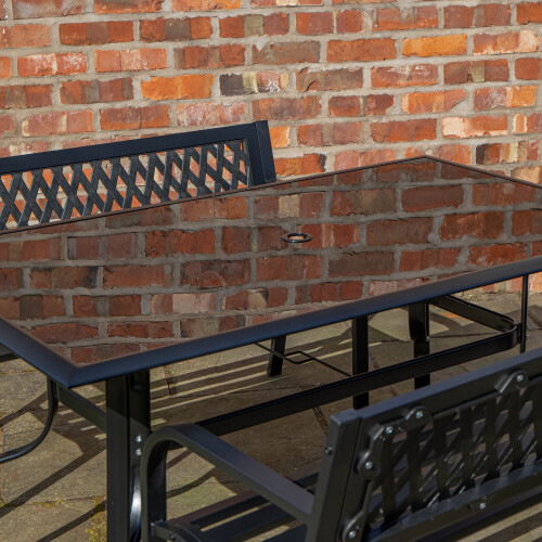 Samuel Alexander 4 Person Rectangular Glass Top Garden Dining Table and 2 Benches Set 2