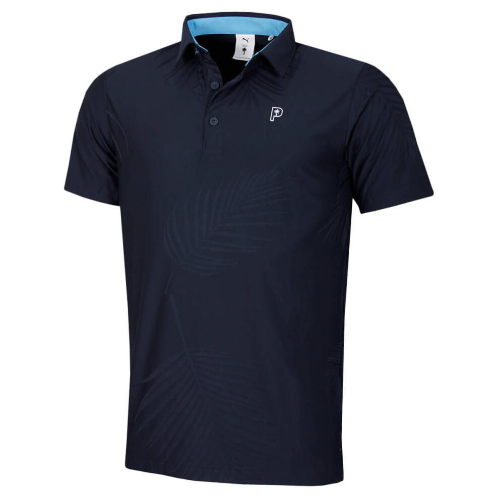 (M, Deep Navy) Puma Golf Mens X Ptc Jacquard Moisture Wicking Palm Polo Shirt