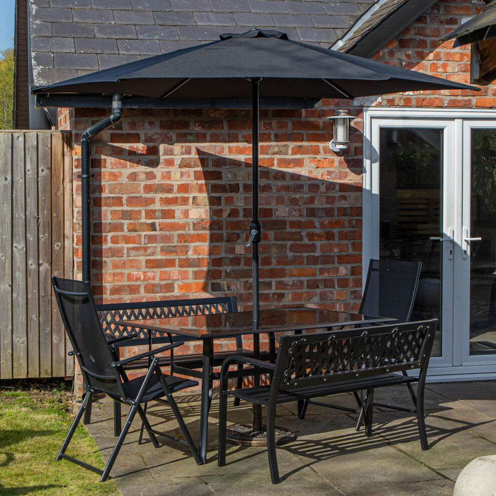 6 Person Rectangular Glass Top Table Benches & Chairs With Black Havana Parasol and Base