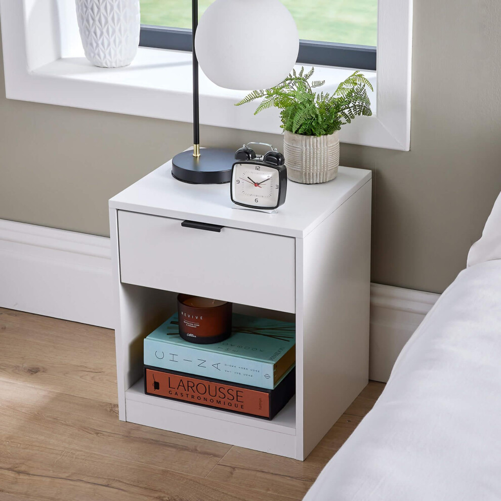 (White) Bedside Table with Storage Drawer and Shelf
