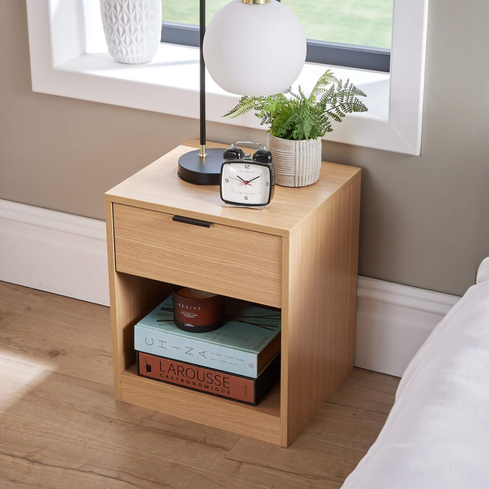 (Natural) Bedside Table with Storage Drawer and Shelf
