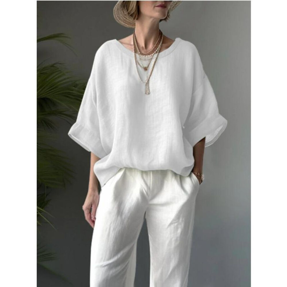 (M, white) Summer Solid Color Comfortable Casual Round Neck Cotton Linen Off Shoulder Loose Slimming Women's Plus Size Shirt