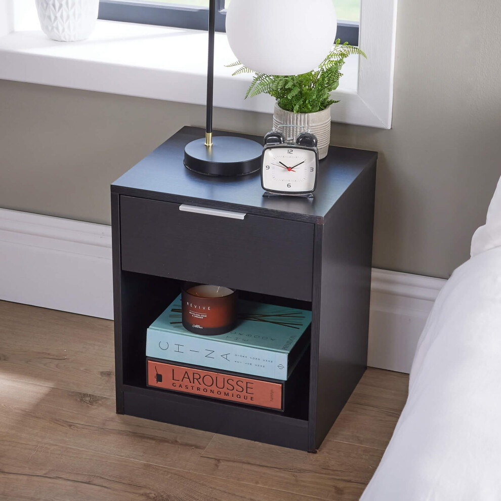 (Black) Bedside Table with Storage Drawer and Shelf