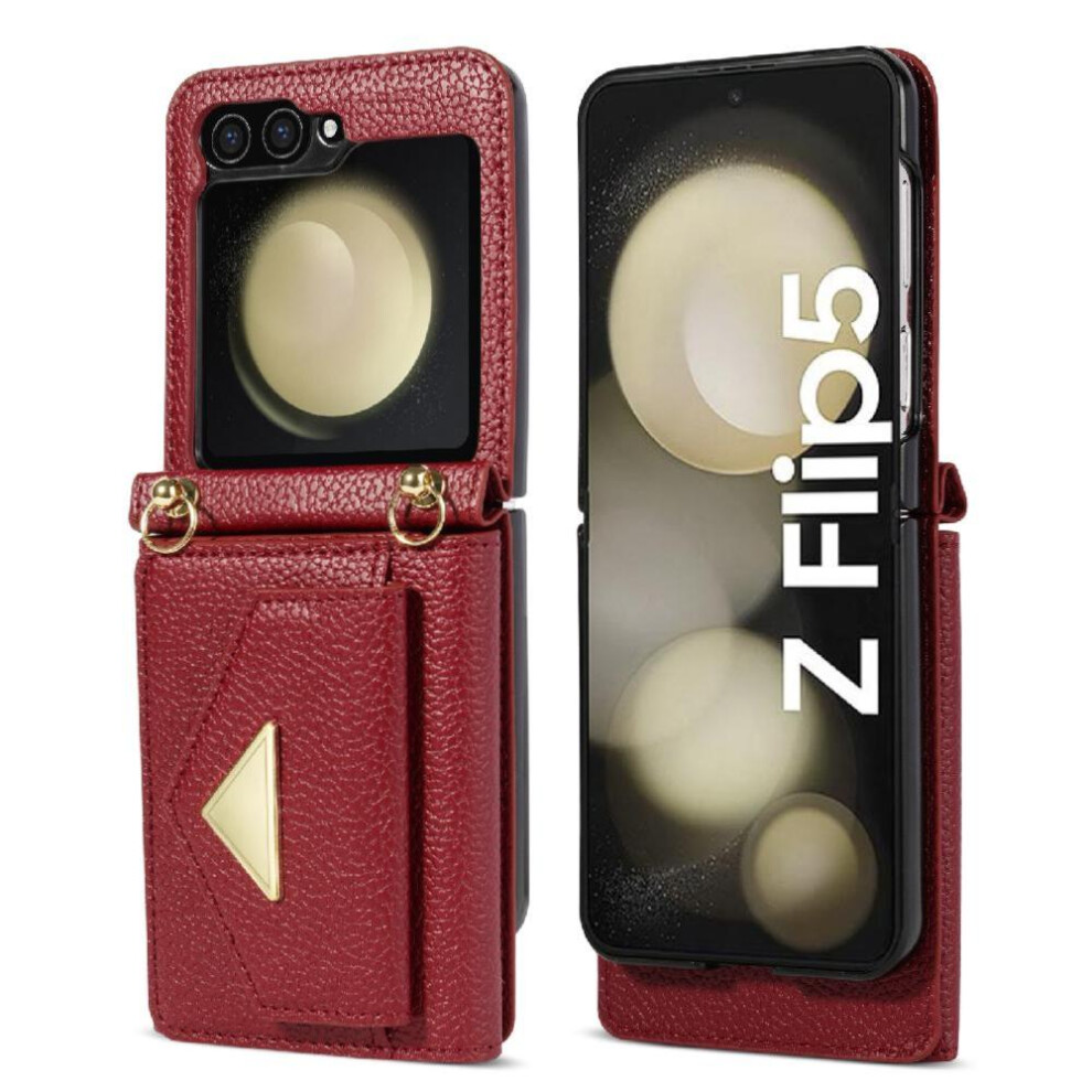 (Red) Accordion Card Case For Samsung Galaxy Z Flip5 Card Hold Magnetic Closure Flip Wallet Case Protective Cover Pu Leather Red 764544188609
