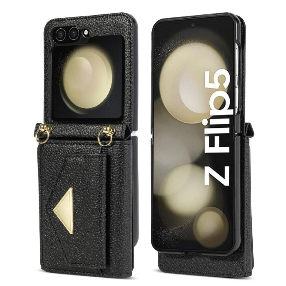 (Black) Accordion Card Case For Samsung Galaxy Z Flip5 Card Hold Magnetic Closure Flip Wallet Case Protective Cover Pu Leather Black 764544188593