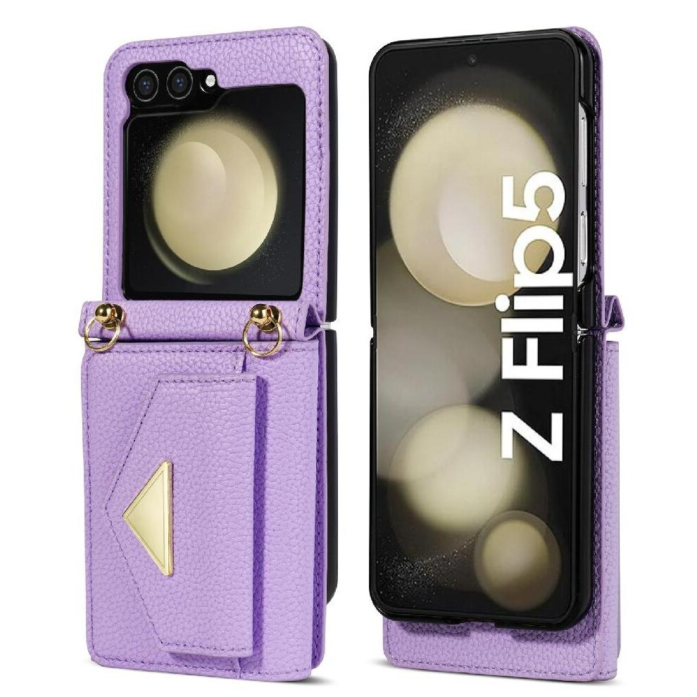 (Purple) Accordion Card Case For Samsung Galaxy Z Flip5 Card Hold Magnetic Closure Flip Wallet Case Protective Cover Pu Leather Purple 764544188586