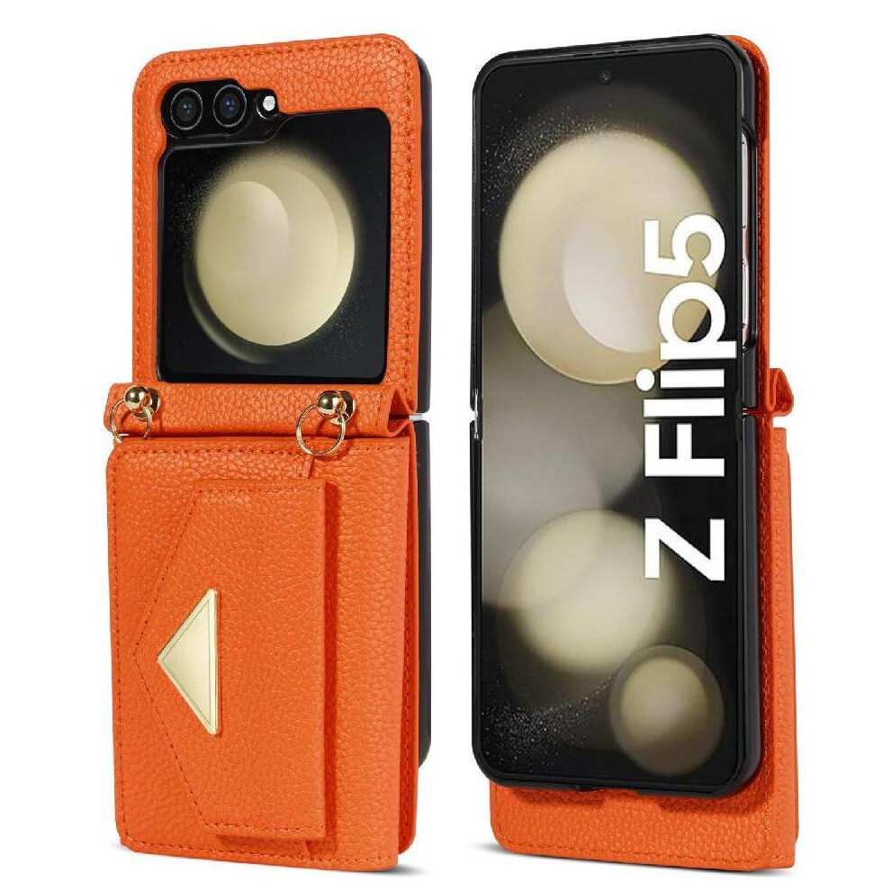(Orange) Accordion Card Case For Samsung Galaxy Z Flip5 Card Hold Magnetic Closure Flip Wallet Case Protective Cover Pu Leather Orange 764544188579