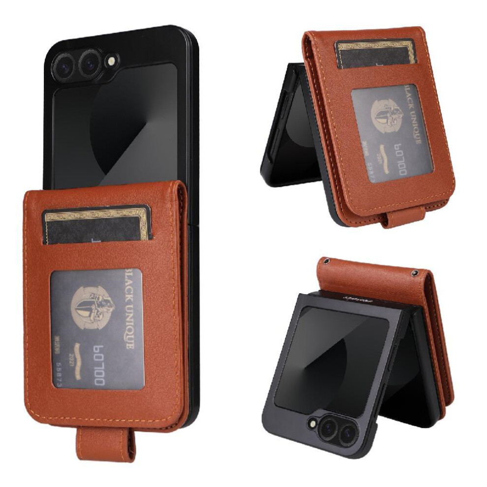 (Brown) Flip Case For Samsung Galaxy Z Flip6 Card Holder Kickstand Magnetic Wrist Strap Pu Leather Wallet Case Brown 764544188678