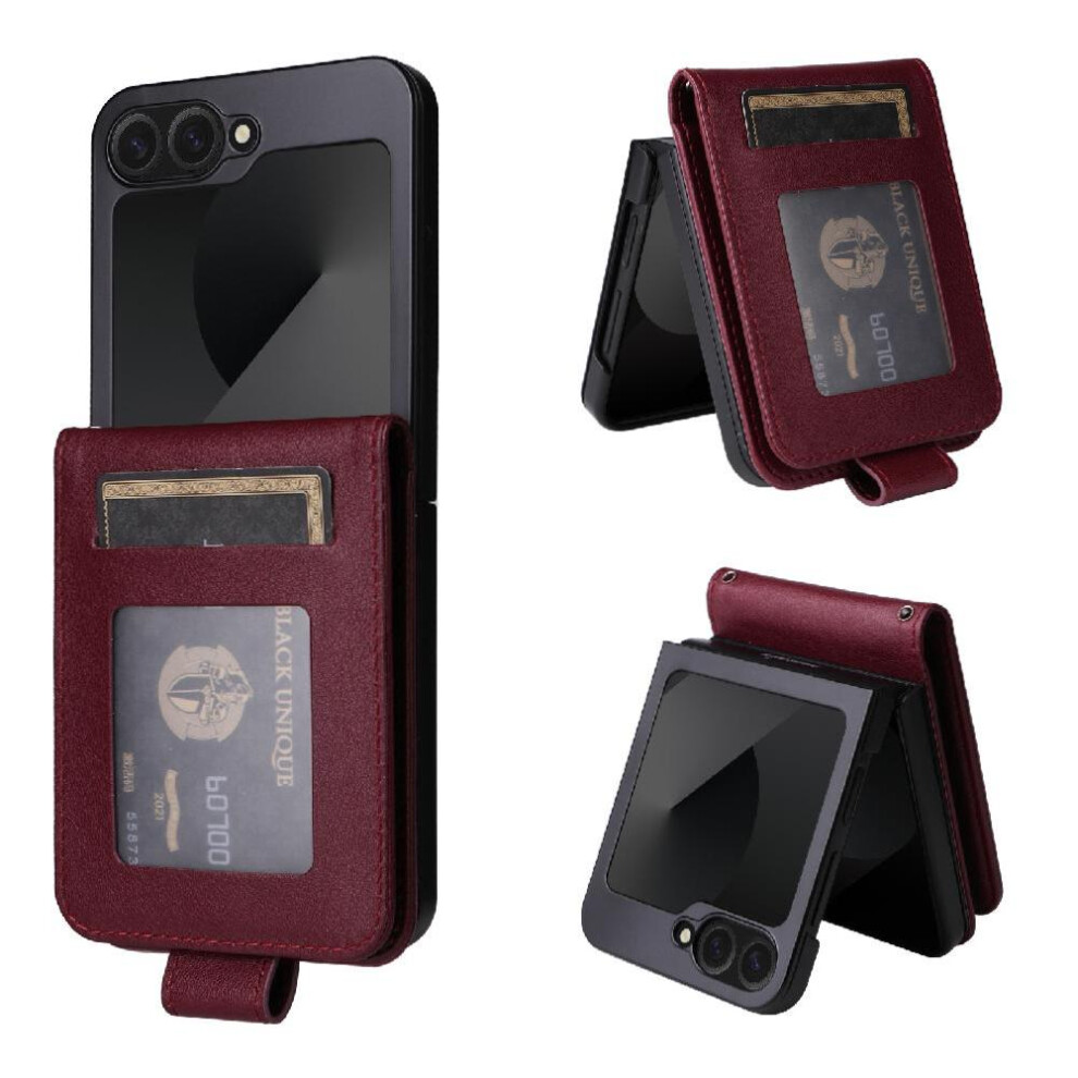 (Red) Flip Case For Samsung Galaxy Z Flip6 Card Holder Kickstand Magnetic Wrist Strap Pu Leather Wallet Case Red 764544188715