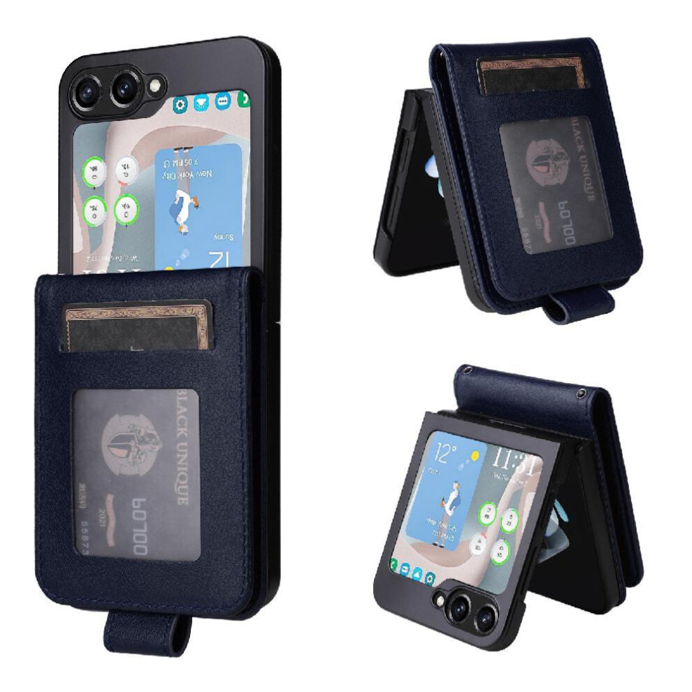 (Blue) Flip Case For Samsung Galaxy Z Flip5 Card Holder Pu Leather Wallet Case Wrist Strap Kickstand Magnetic Blue 764544188753