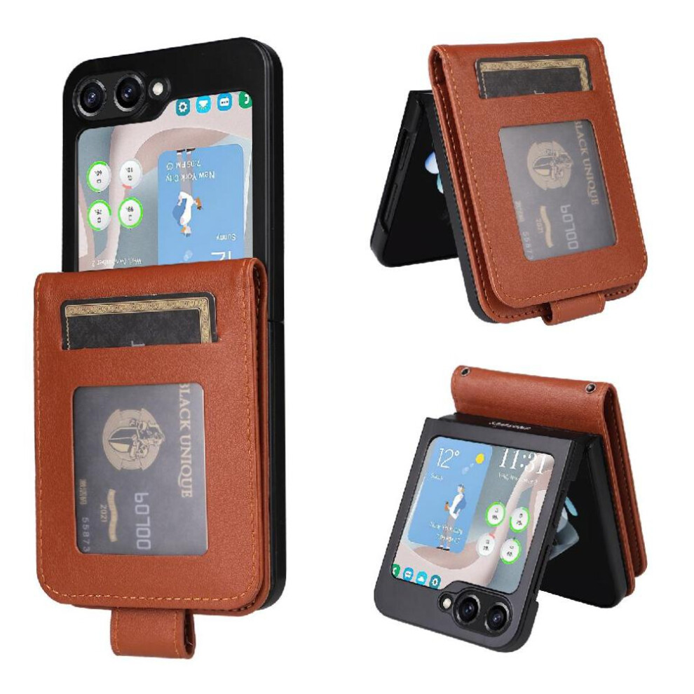 (Brown) Flip Case For Samsung Galaxy Z Flip5 Card Holder Pu Leather Wallet Case Wrist Strap Kickstand Magnetic Brown 764544188722