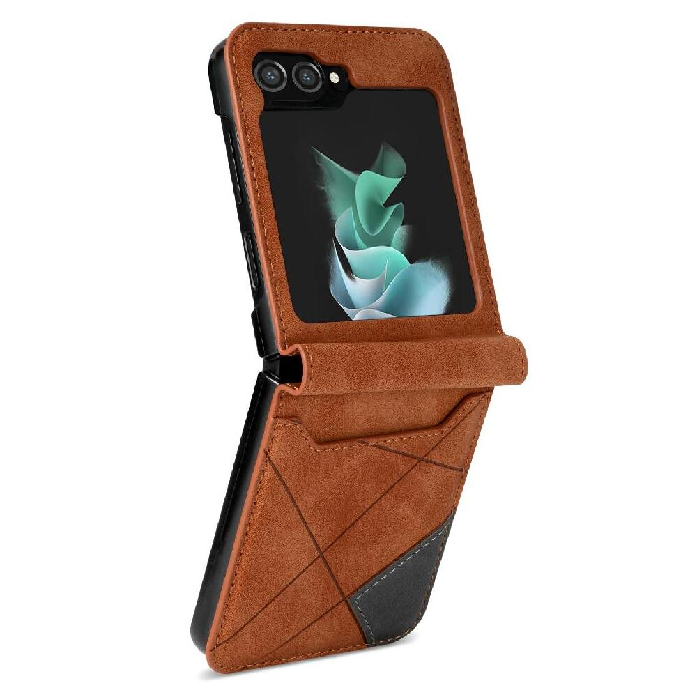 (Brown) Wallet Case For Samsung Galaxy Z Flip5 Wrist Strap Kickstand 5 Card Holders Magnetic Closure Brown 764544188791