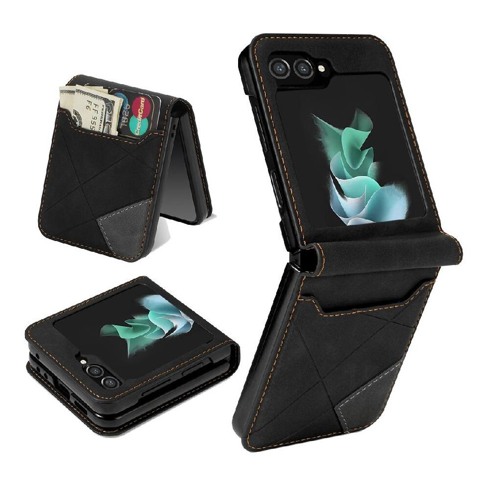 (Black) Wallet Case For Samsung Galaxy Z Flip5 Wrist Strap Kickstand 5 Card Holders Magnetic Closure Black 764544188814