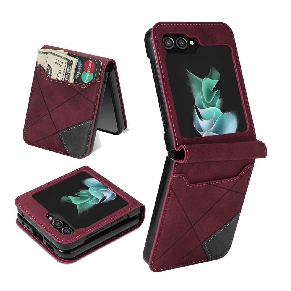 (Red) Wallet Case For Samsung Galaxy Z Flip5 Wrist Strap Kickstand 5 Card Holders Magnetic Closure Red 764544188777