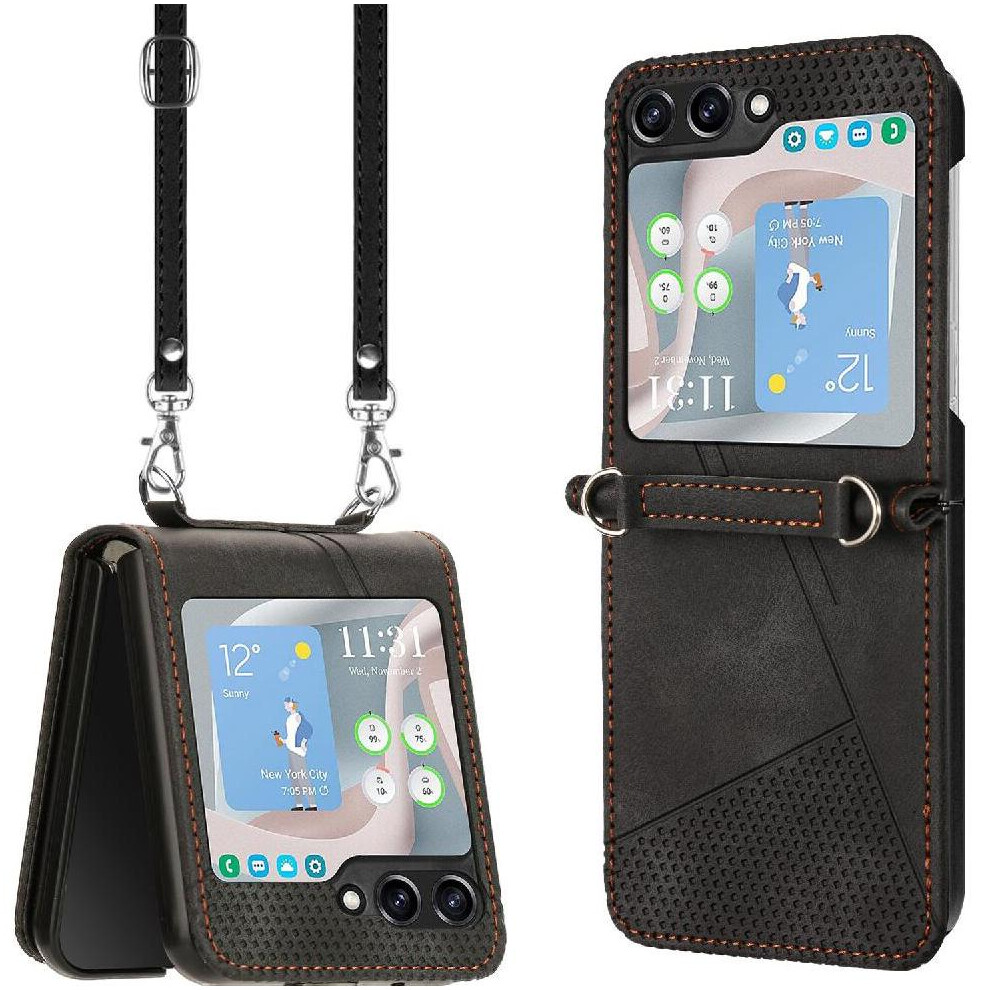 (Black) Phone Case For Samsung Galaxy Z Flip 5 5G Kickstand Card Slot Leather Handbag Detachable Lanyard Black 764544189347