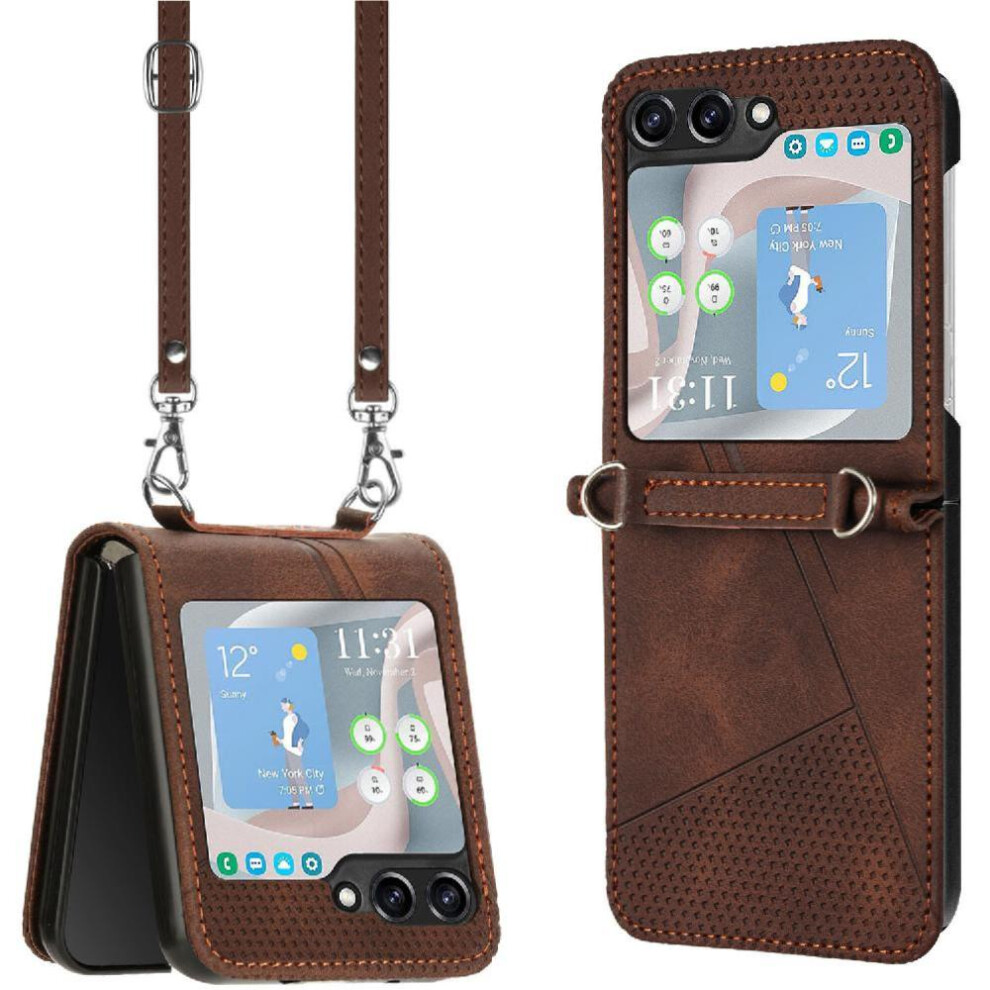 (Brown) Phone Case For Samsung Galaxy Z Flip 5 5G Kickstand Card Slot Leather Handbag Detachable Lanyard Brown 764544189323