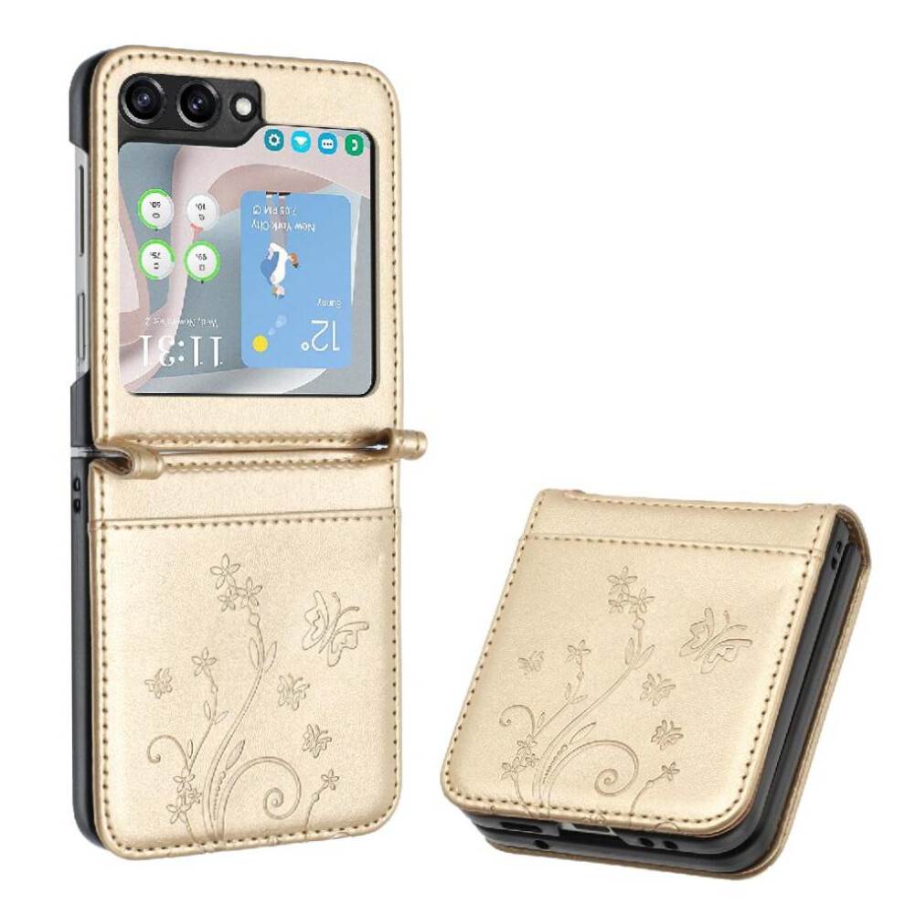 (Gold) Flip Case For Samsung Galaxy Z Flip6 Magnetic Closure Pu Leather Card Holder Kickstand Wrist Strap Gold 764544189835