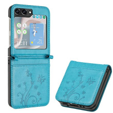 (Blue) Flip Case for Samsung Galaxy Z Flip6 Magnetic Closure Pu Leather Card Holder Kickstand Wrist Strap