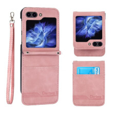 (Pink) Flip Case for Samsung Galaxy Z Flip 5 Cash Pocket Premium Magnetic Closure Wristband Card Slots