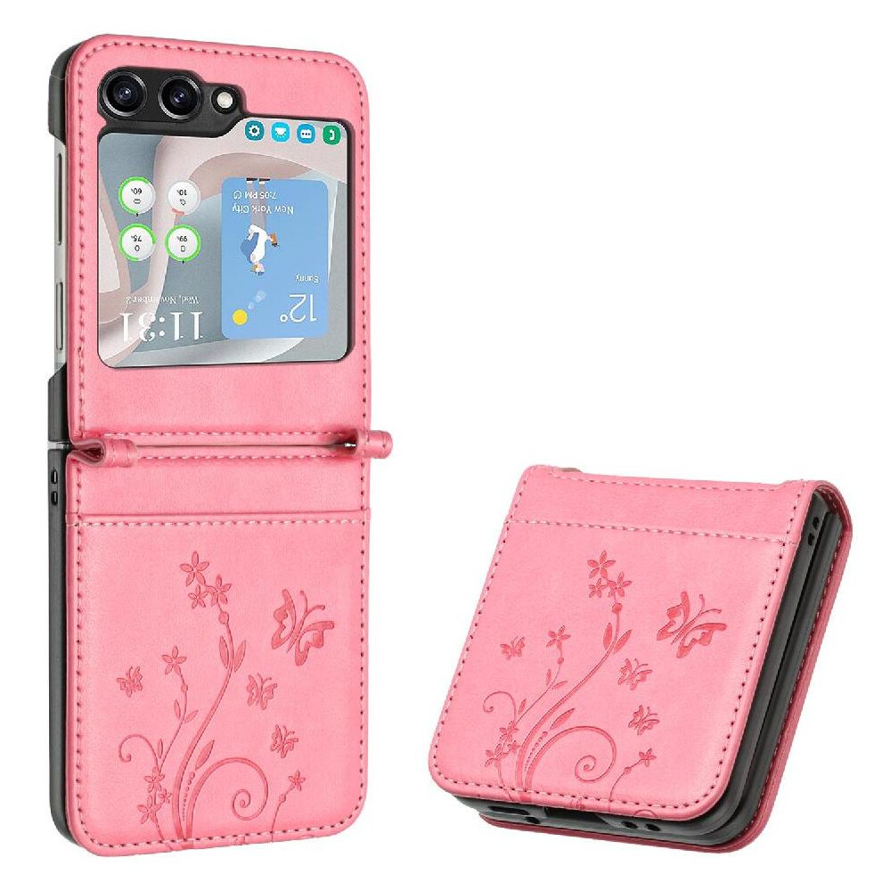 (Pink) Filp Case For Samsung Galaxy Z Flip5 Magnetic Closure Wrist Strap Kickstand Card Holder Pu Leather Pink 764544190114