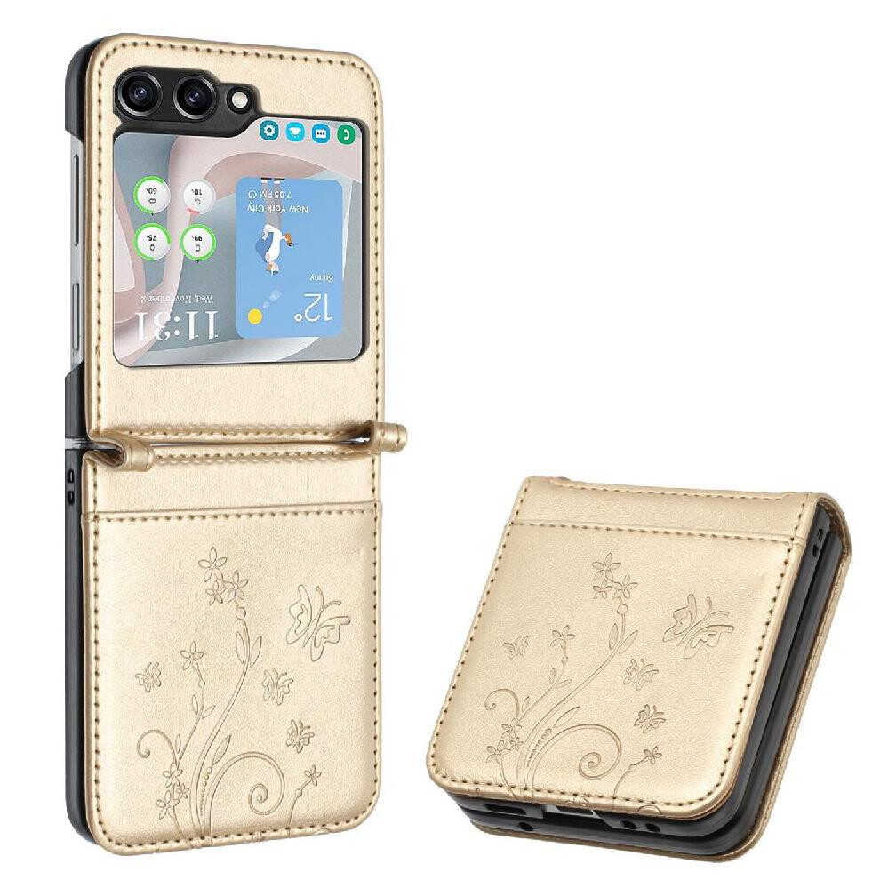 (Gold) Filp Case For Samsung Galaxy Z Flip5 Magnetic Closure Wrist Strap Kickstand Card Holder Pu Leather Gold 764544190053