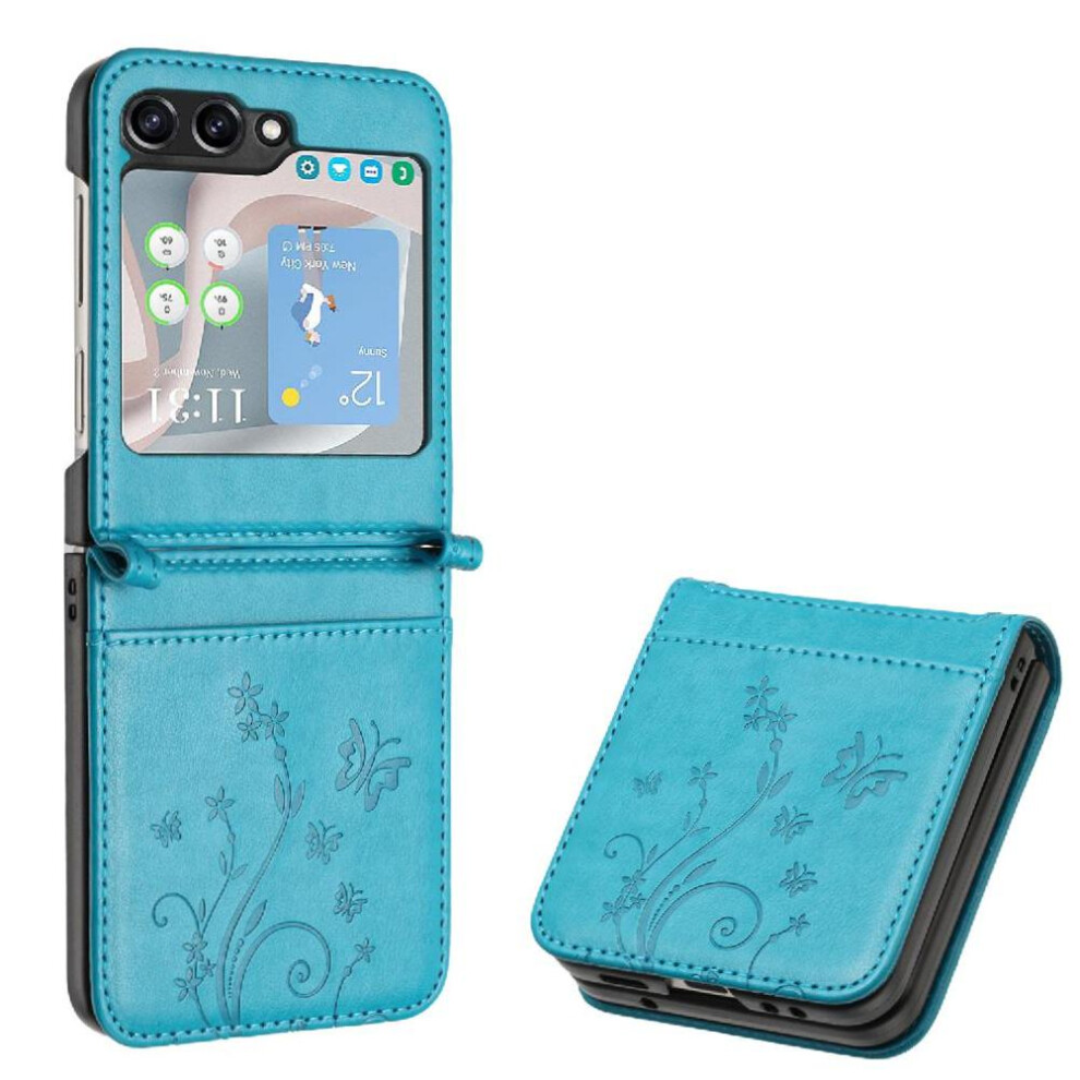 (Blue) Filp Case For Samsung Galaxy Z Flip5 Magnetic Closure Wrist Strap Kickstand Card Holder Pu Leather Blue 764544190121