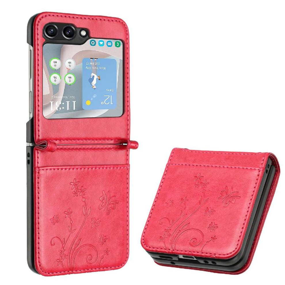(Red) Filp Case For Samsung Galaxy Z Flip5 Magnetic Closure Wrist Strap Kickstand Card Holder Pu Leather Red 764544190084
