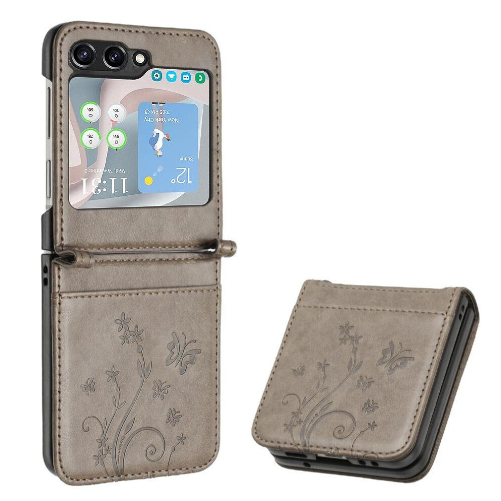 ( ) Filp Case For Samsung Galaxy Z Flip5 Magnetic Closure Wrist Strap Kickstand Card Holder Pu Leather Gray 764544190077