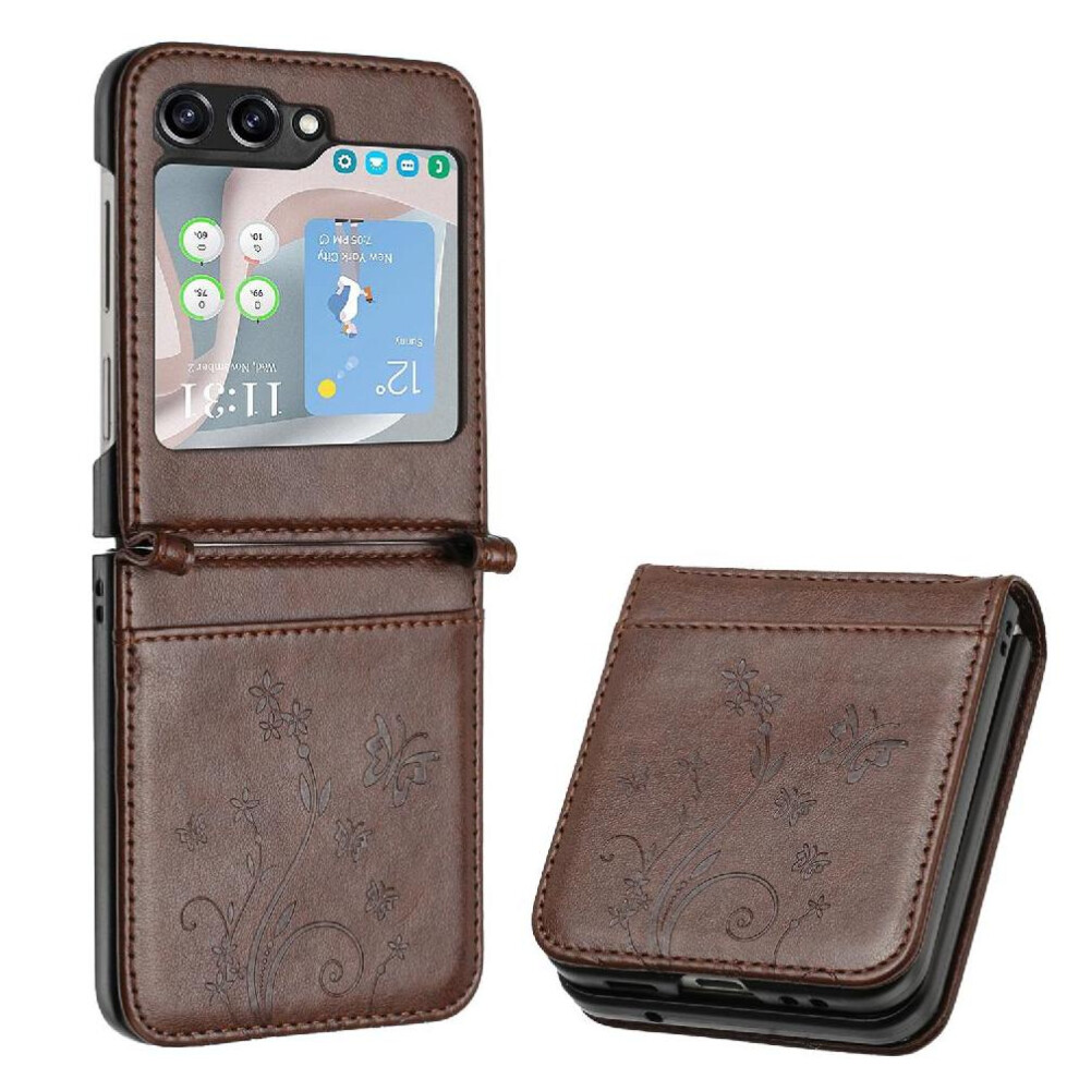(Brown) Filp Case For Samsung Galaxy Z Flip5 Magnetic Closure Wrist Strap Kickstand Card Holder Pu Leather Brown 764544190039