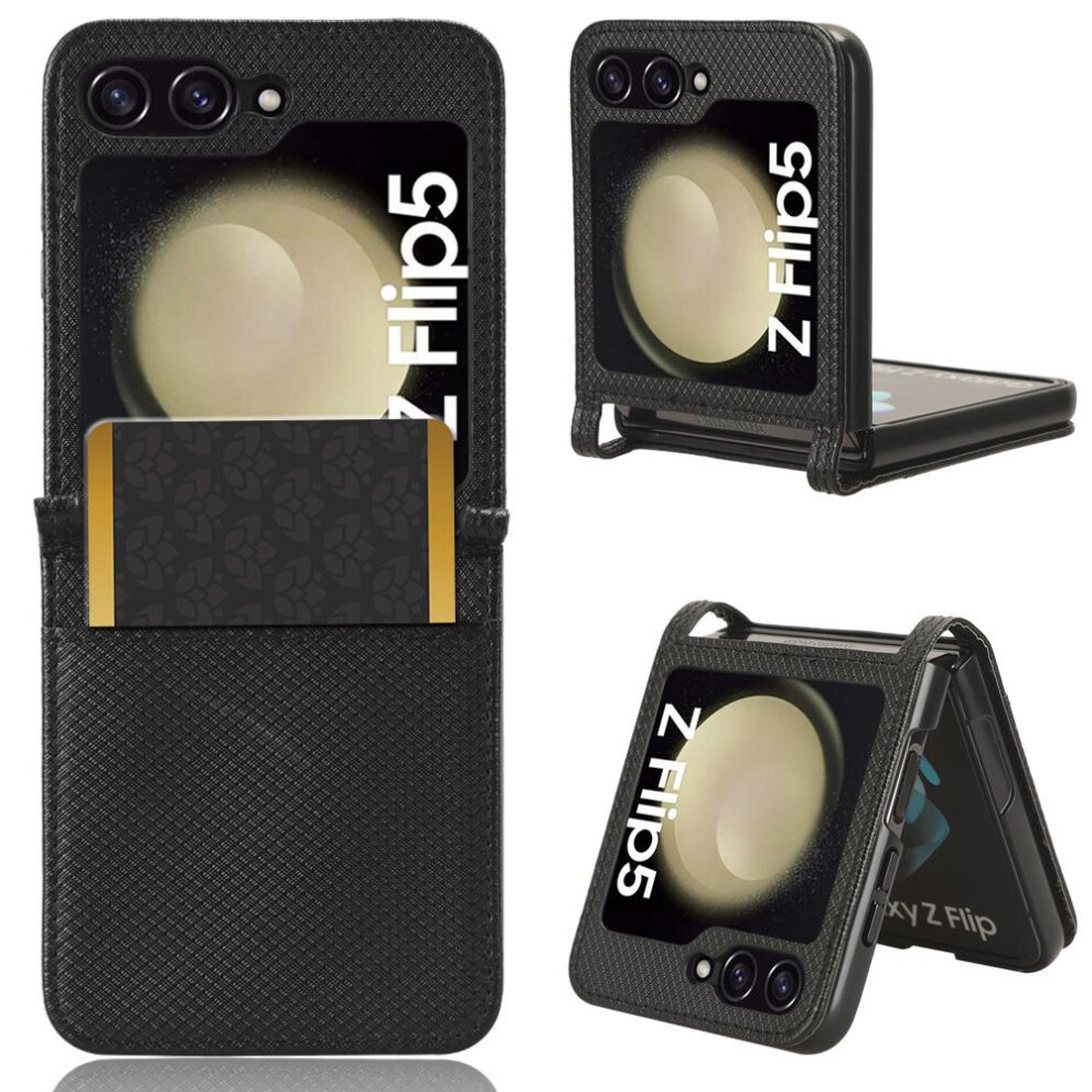 (Black) Case For Samsung Galaxy Z Flip 5 Card Holder Magnetic Wallet Cover Kickstand Black 764544190404