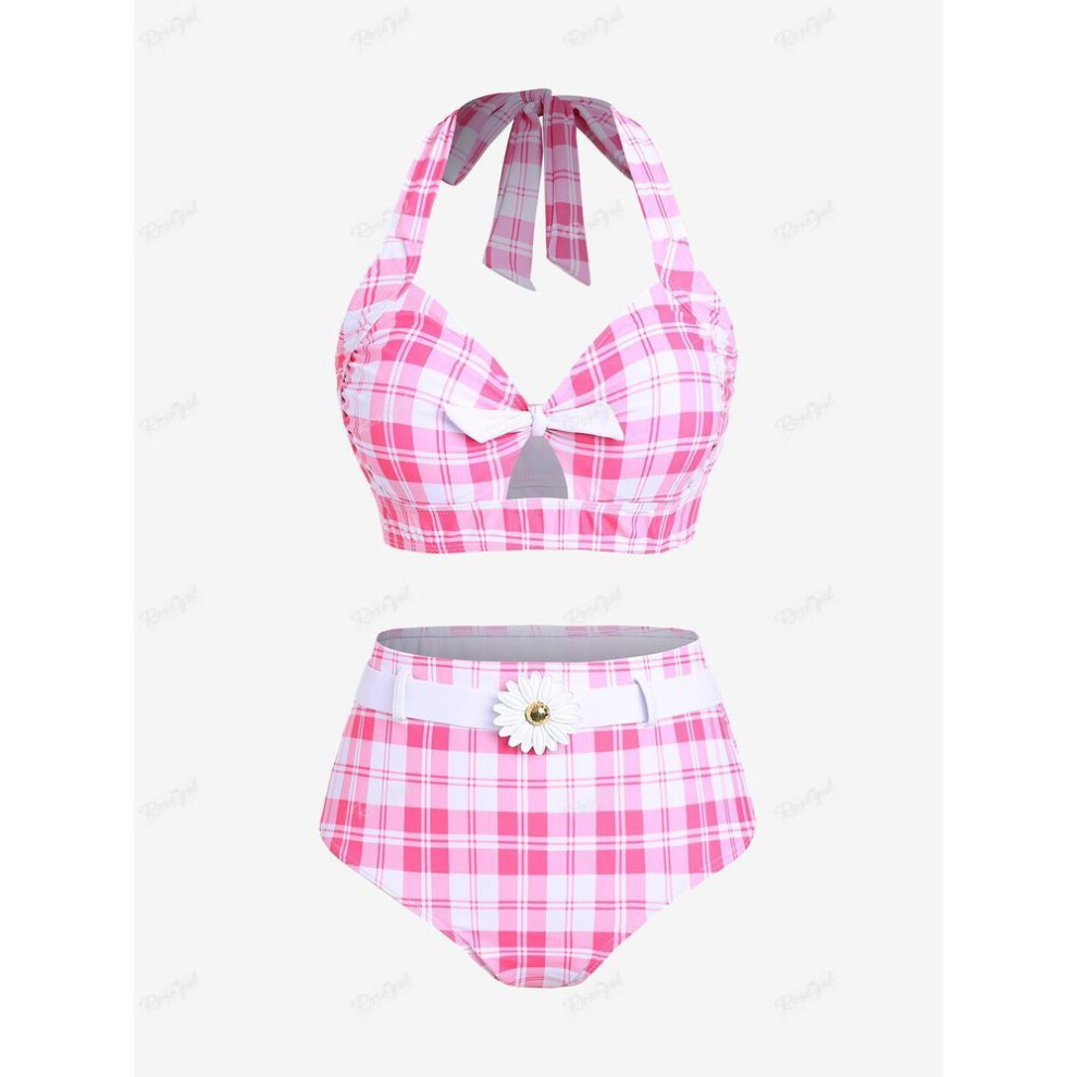 (light pink, 4XL) Rosegal Plus Size Bowknot Halter Padded Checkerboard Tankini Swimsuit
