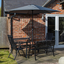 6 Person Rectangular Glass Top Table Benches & Chairs With Grey Havana Parasol and Base Set