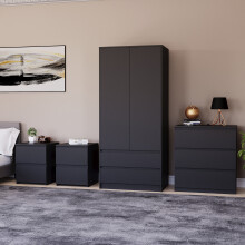 (Black) Denver 4 Piece Bedroom Set Bedsides Chest Wardrobe