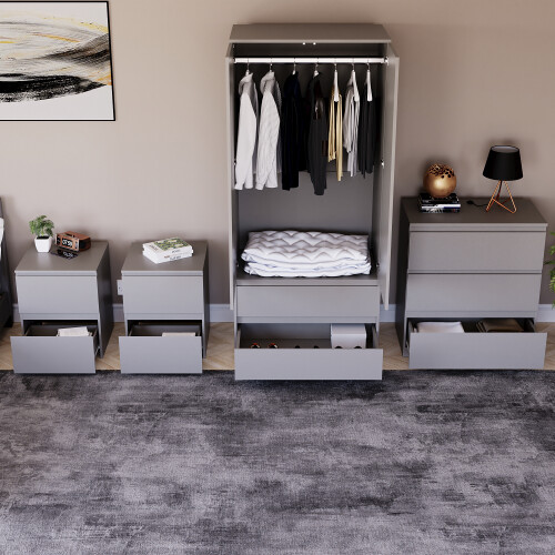 Vida Designs (Grey) Denver 4 Piece Bedroom Set Bedsides Chest Wardrobe 2