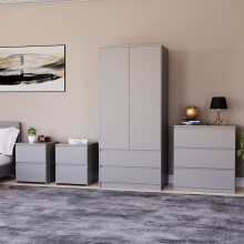 (Grey) Denver 4 Piece Bedroom Set Bedsides Chest Wardrobe