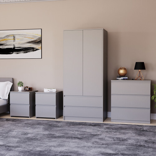 Vida Designs (Grey) Denver 4 Piece Bedroom Set Bedsides Chest Wardrobe