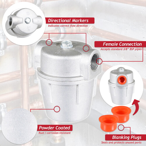 SPARES2GO Boiler Filter 3/8" Aluminium Inline Central Heating Oil Fired Fuel Strainer Bowl 2
