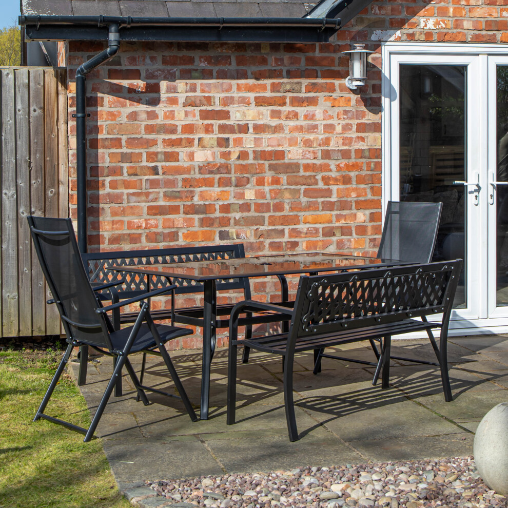 Outdoor 6 Person Rectangular Glass Top Garden Dining Table Benches & Chairs Set - Samuel Alexander | TJ Hughes - Image 5