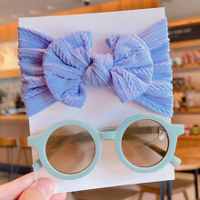 (Blu) 2 pezzi/set nuovi bambini tinta unita cotone bowknot ampia fascia per capelli occhiali da sole