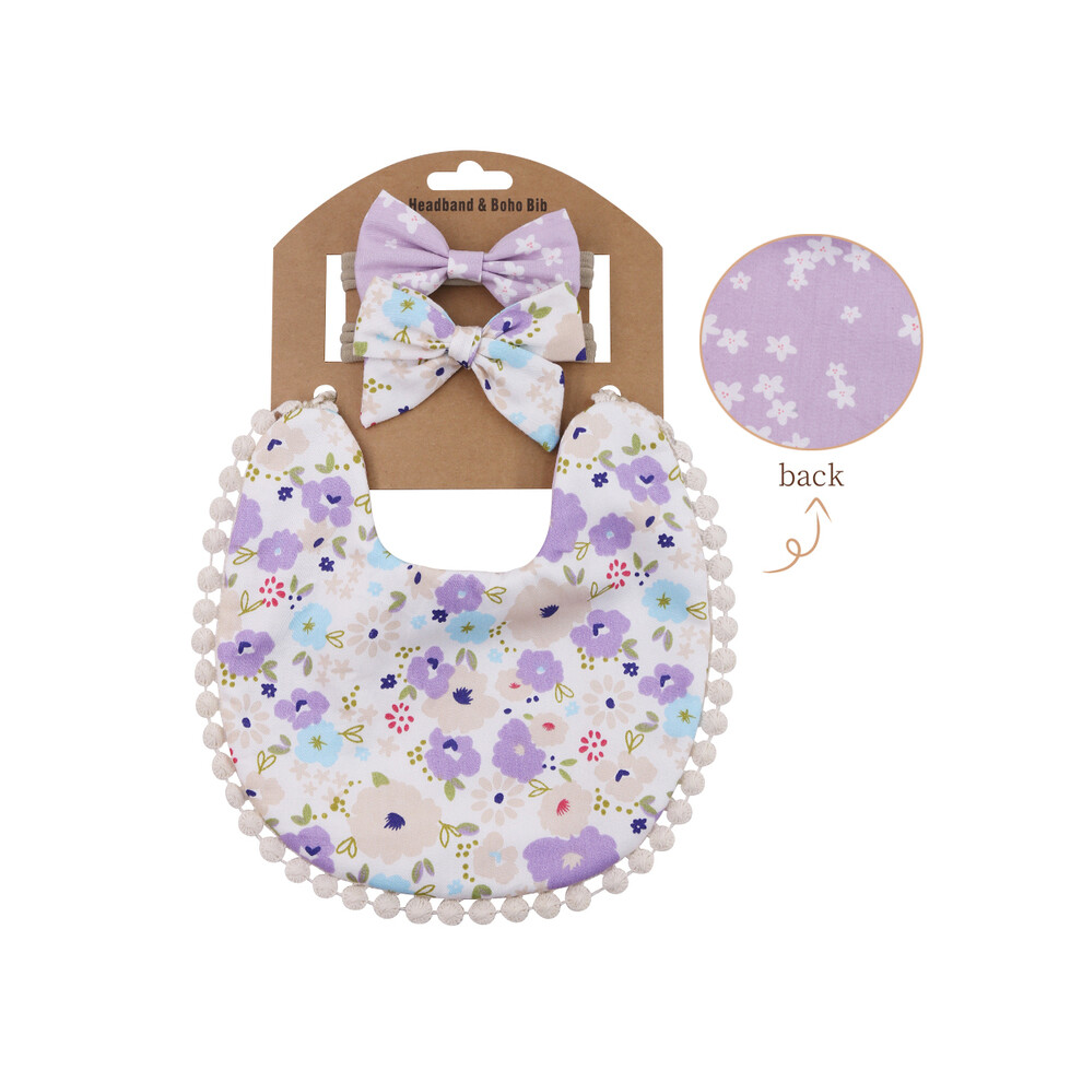 (Bleu) Bavoirs et bandeau pour bébé garçon et fille, imprimé floral, serviette de table à pompon, serviette