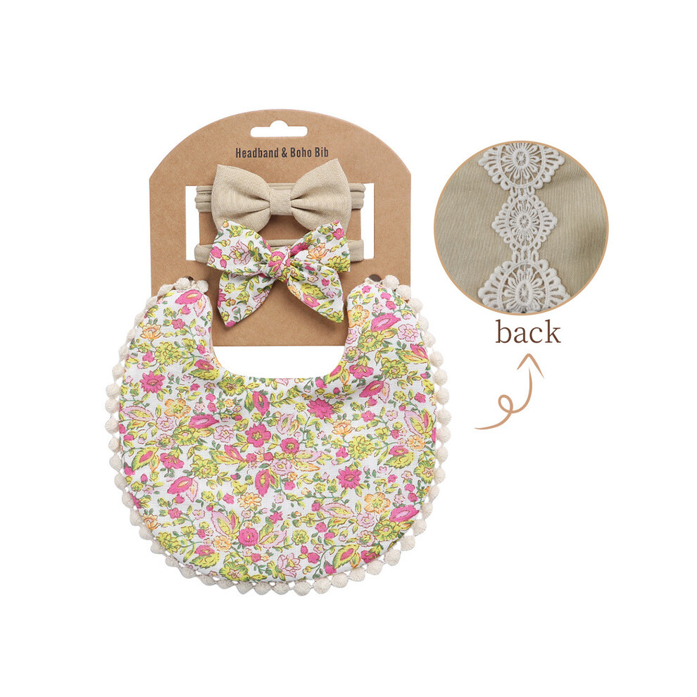 (Vert clair) Bavoirs et bandeau pour bébé garçon et fille, imprimés floraux, serviette de dîner à pompon,