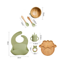 (7st grönt set-03) Mattallrik i trä Bambu Babyservis Silikon sugplatta