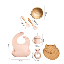 (7st Rosa set-02) Mattallrik i trä Bambu Babyservis Silikon sugplatta