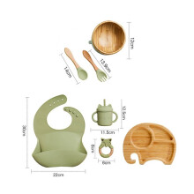 (7st grönt set-05) Mattallrik mattallrik i trä Bambu Babyservis Silikon sugplatta