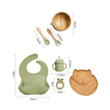 (7st grönt set-02) Mattallrik mattallrik i trä Bambu Babyservis Silikon sugplatta