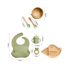 (7st grönt set-07) Mattallrik mattallrik i trä Bambu Babyservis Silikon sugplatta